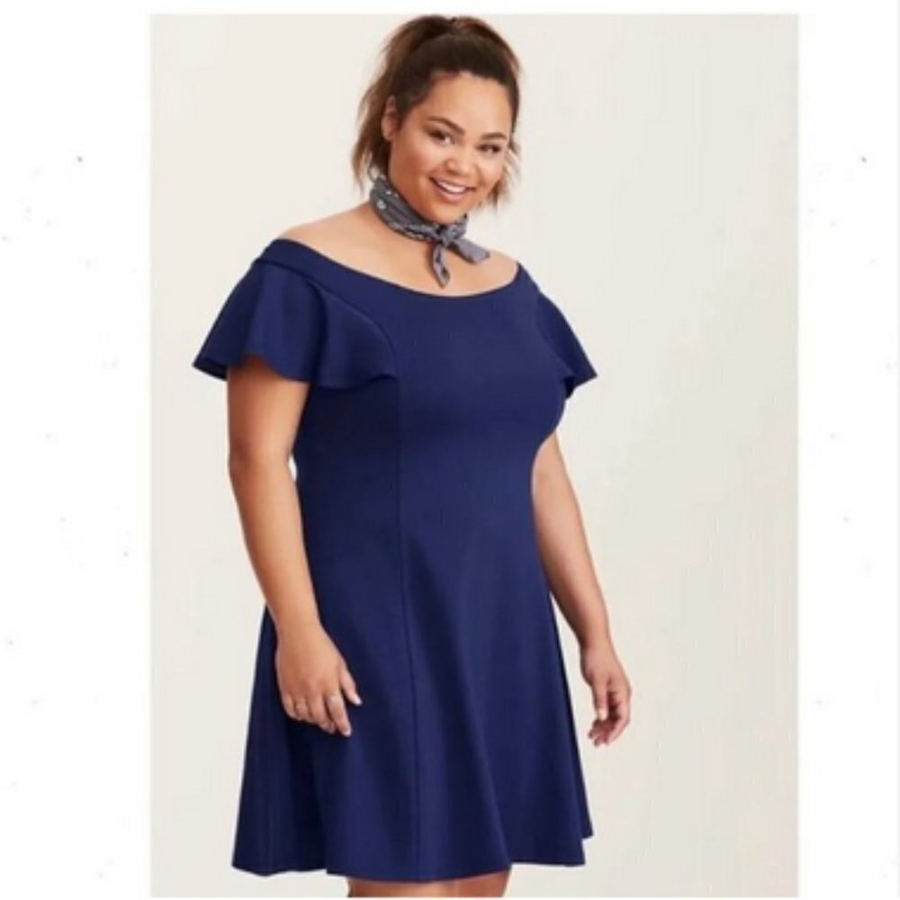 TORRID Dress Navy Blue Off Shoulder Ruffle Accent Fit and Flare Stretch Ponte